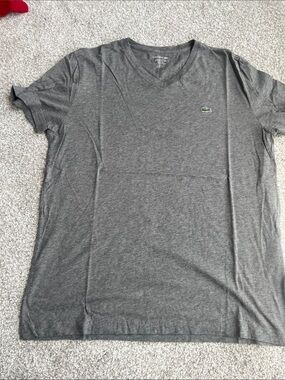 Lacoste Gray V-Neck Short Sleeve Tee with Green Croc Logo